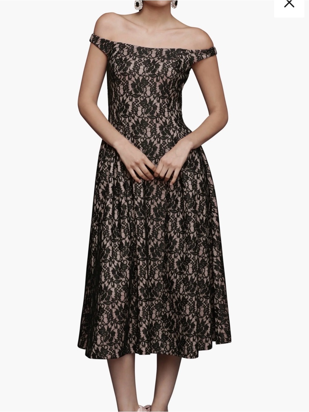 Avec Les Filles Black Lace Midi Dress over Nude
